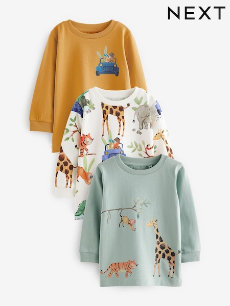 Blue/Yellow Safari Long Sleeve Animal Print Character T-Shirts 3 Pack (3mths-7yrs) (642776) | KRW39,900 - KRW49,300