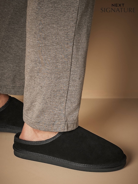 Black Faux Fur Lined Signature Suede Mule Slippers (642858) | OMR13 - OMR14
