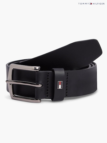 Black - Regular Tommy Hilfiger Leather Enamel Flag Rectangular Buckle Belt