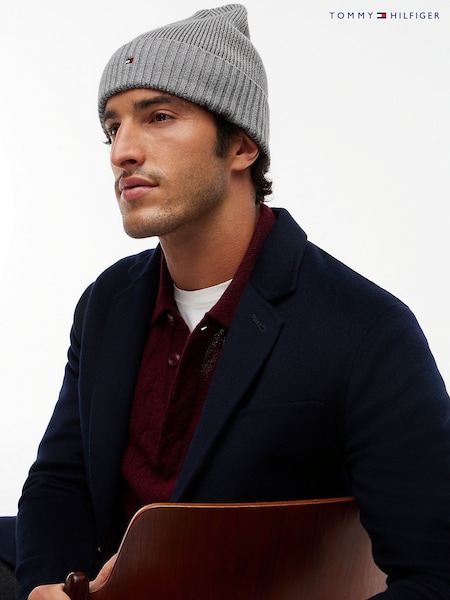 Grey - Regular Tommy Hilfiger Flag Embroidery Beanie With Cashmere