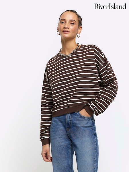 River Island Brown Stripe Cropped 100% Cotton Sweatshirt (643680) | €14