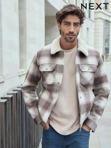 Neutral Borg Lined Check Trucker Jacket with Wool (644248) | AED260