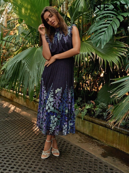 Navy and Purple Floral Kew Collection Mesh Pleated Ruffle Dress (644346) | €61
