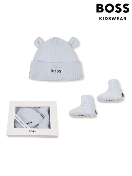 Blue - Boss Embroidered Knitted Beanie Hat And Boots Set Of 2 (6-9mths)
