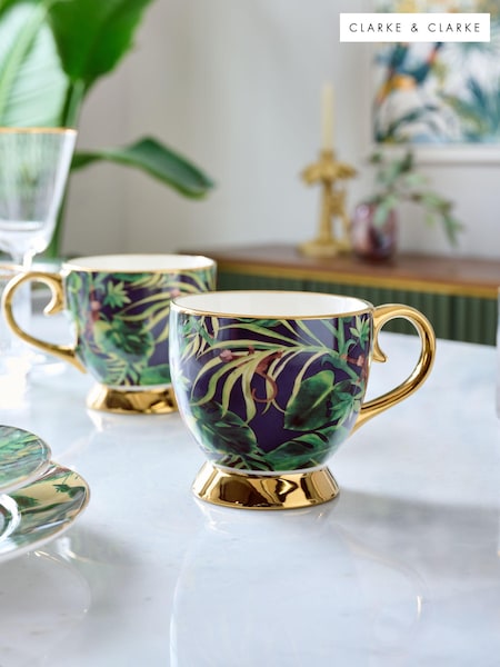 Clarke & Clarke Set of 2 Indigo Blue/Gold Monkey Business Footed Mugs (645156) | €37