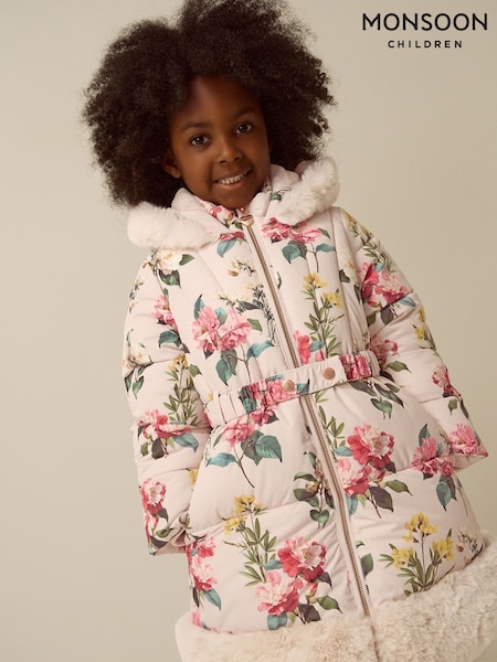 크림 - Monsoon Botanical Print Faux Fur Hood Coat