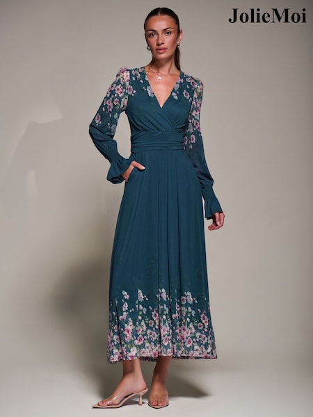Blue - Jolie Moi Printed Mesh Long Sleeve Maxi Dress