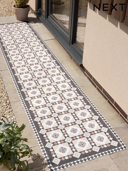 Monochrome Rust Brown Vinyl Traditional Tile Indoor Outdoor Runner (645308) | €57 - €84
