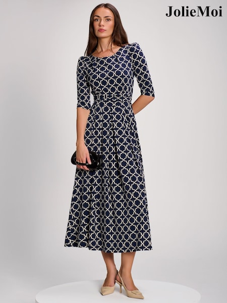 أزرق - Jolie Moi Printed Jersey Maxi Dress With 3/4 Sleeve