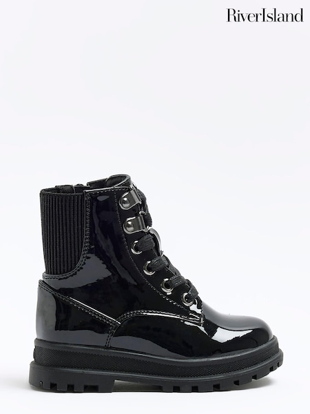 River Island Dark Black Girls Chunky Hiker Lace-Up Boots (645418) | €14.50