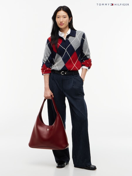 Red - Tommy Hilfiger Zip Pocket Th Monogram Hobo Bag
