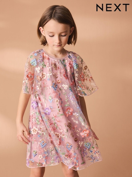 Pink Floral Embroidered Mesh Occasion Dress (3-16yrs) (645681) | €32 - €36