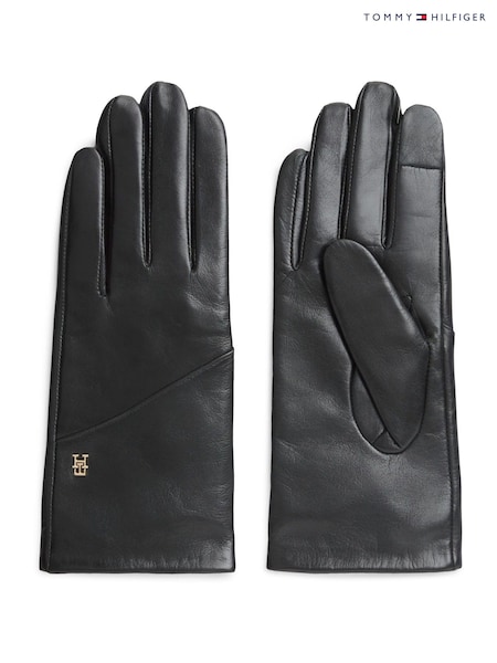 Negro - Guantes de piel con Monogram elegante de Tommy Hilfiger
