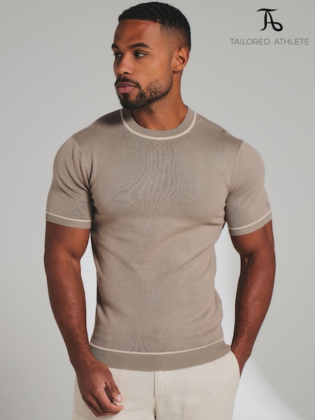 Light Brown - Regular Tailored Athlete Muscle Fit Contrast Tipped Knitted T-shirt