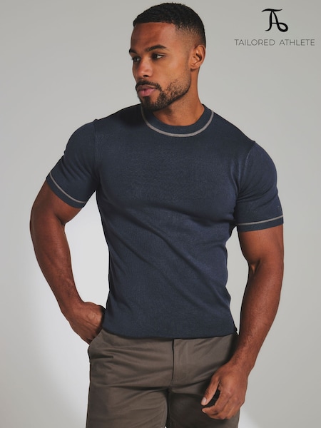 Dark Navy Blue - Regular Tailored Athlete Muscle Fit Contrast Tipped Knitted T-shirt