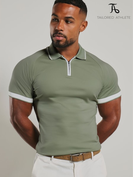 Olive Green - Regular Tailored Athlete Muscle Fit Mercerised Cotton Tipped Zip Neck Polo Shirt