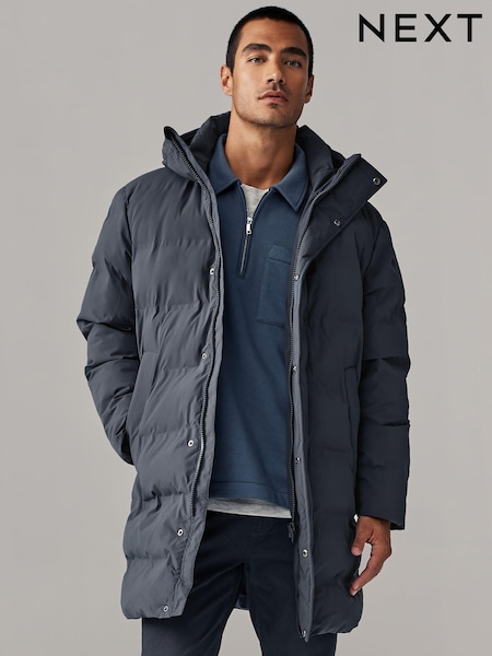 Steel Blue Long Length Shower Resistant Hooded Puffer Coat (646087) | €31