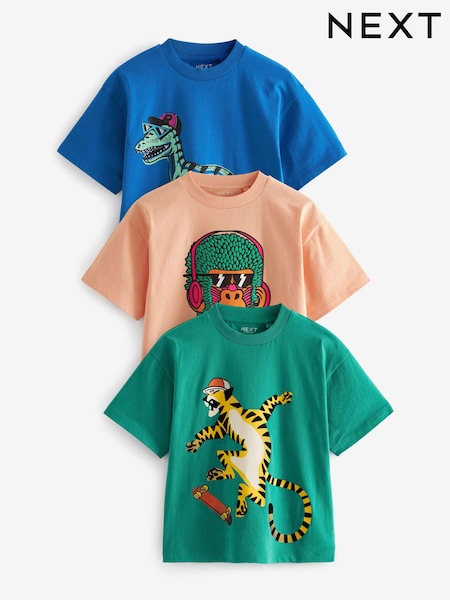 Multi Skating Animals Graphic Relaxed Fit Short Sleeve T-Shirts 3 Pack (3-16yrs) (646113) | AED64 - AED84