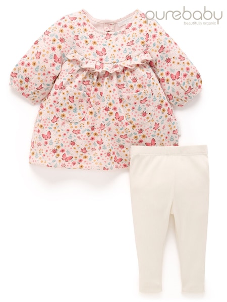 Pink - Purebaby Cosy Floral Print Long Sleeve Dress & Leggings Set