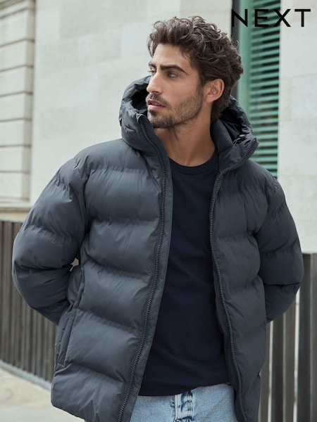Slate Grey Regular Length Shower Resistant Hooded Puffer Coat (646165) | kr947