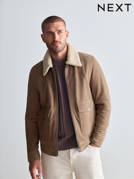 Neutral Suede Borg Collar Trucker Jacket (646236) | AED481
