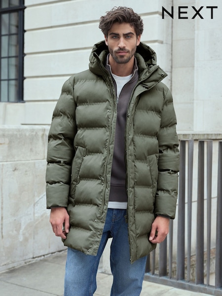 Sage Green Long Length Shower Resistant Hooded Puffer Coat (646244) | AED260