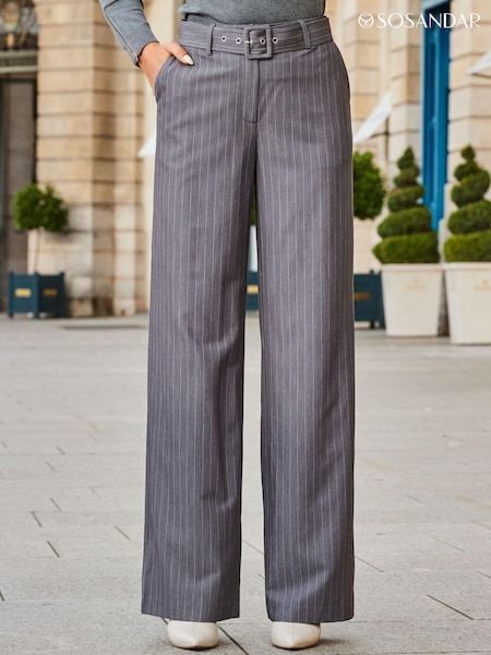 Sosandar Grey Pinstripe Belted Wide Leg Trousers (647405) | kr643