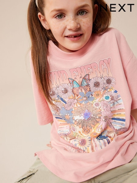 Pink Oversized Embellished Graphic T-Shirt (3-16yrs) (647502) | €7 - €10