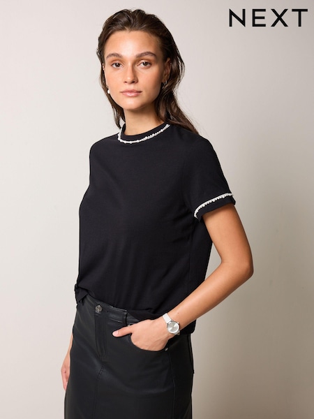 Black 100% Cotton Pearl Trim Short Sleeve T-Shirt (647976) | €13