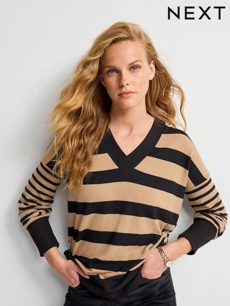 Neutral/Black Stripe Cosy Lightweight Soft Touch Longline V-Neck Jumper Top (648833) | €13
