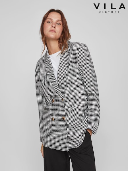 VILA Black & White Dogtooth Double Breasted Relaxed Fit Blazer (648860) | €37
