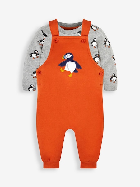 JoJo Maman Bébé Orange Puffin Boys' Sausage Dog Appliqué Pocket Dungarees & Top Set (649124) | €42