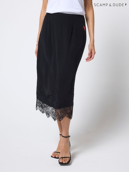 أسود - Scamp & Dude Lace Hem Slip Skirt