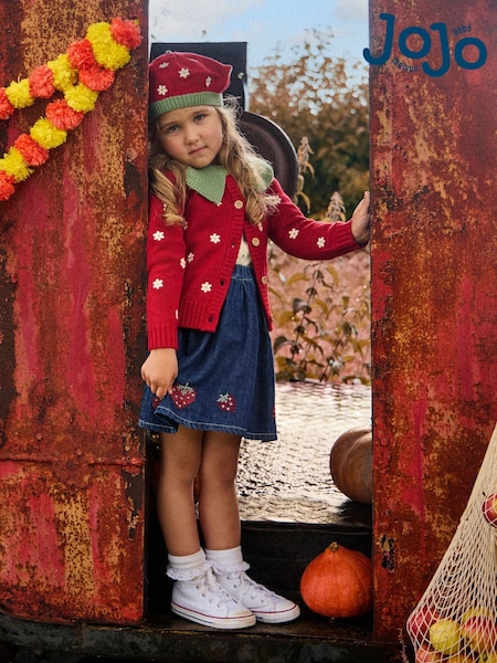 Denim Blue Strawberry - Jojo Maman Bébé Cross Stitch Embroidered Denim Skirt