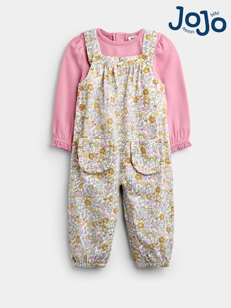 Dusky Pink Ditsy Floral - Jojo Maman Bébé Cord Dungaree & Body Set