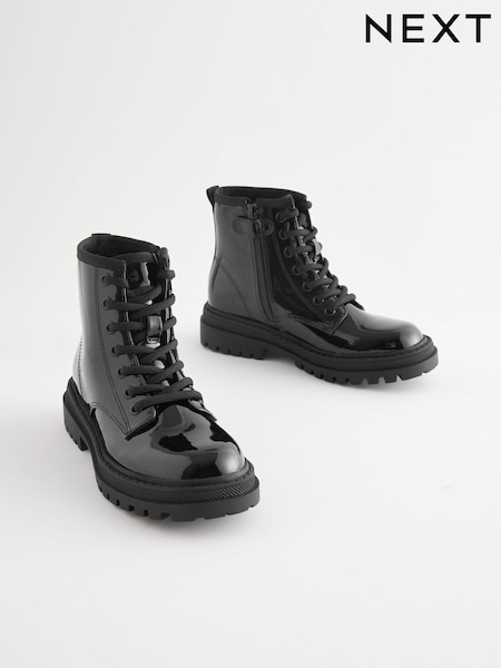 Black Patent Wide Fit (G) Warm Lined Lace-Up Ankle Boots (650433) | €44 - €54