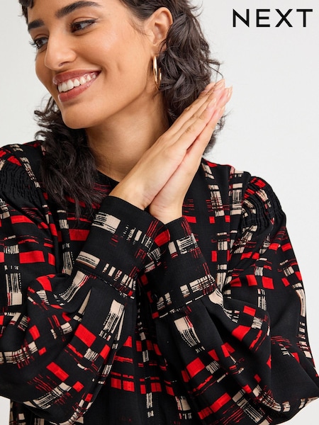 Črno-rdeča karirasta  - Long Sleeve Keyhole Blouse (650609) | € 14