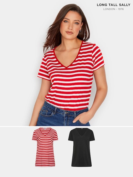 Long Tall Sally Red & Black 100% Cotton Stripe Short Sleeve T-Shirts 2 Pack (650902) | €30