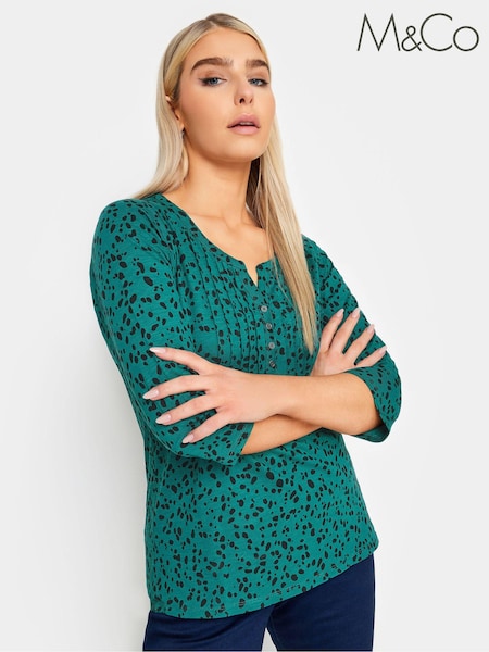 M&Co Green Peacock 3/4 Length Sleeve Henley 100% Cotton Top (651175) | €31