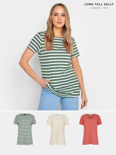 Long Tall Sally Cream/Khaki Green 100% Cotton V-Neck T-Shirts 3 Pack (651220) | kr471