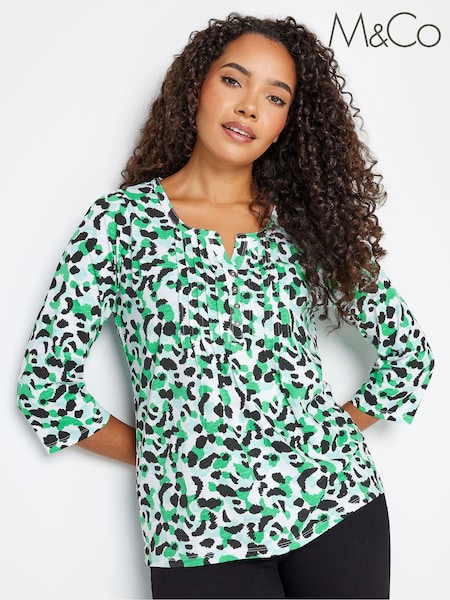 M&Co Green 3/4 Length Sleeve Henley 100% Cotton Green Top (651252) | €13.50