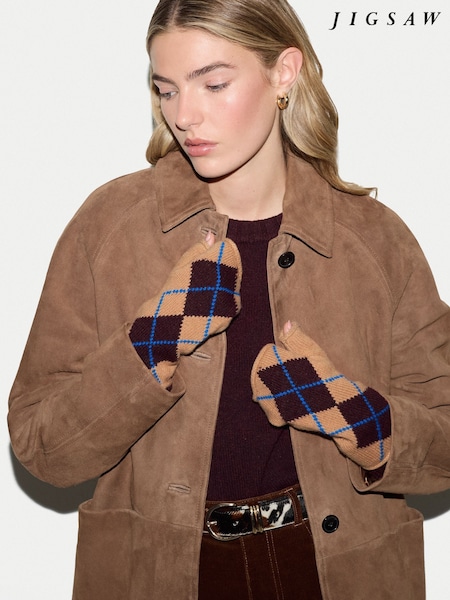 Krem - Jigsaw Wool Cashmere Argyle Mitten Gloves