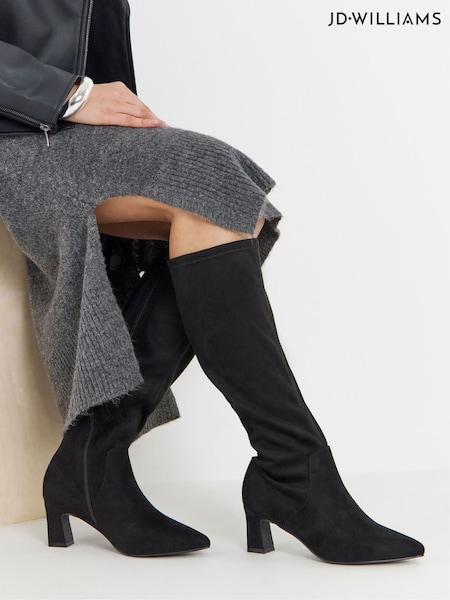 Soft Black - Jd Williams Pointed Block Heel Stretch Knee High Boots