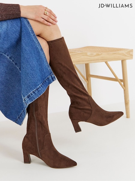 Brown - Jd Williams Pointed Block Heel Stretch Knee High Boots