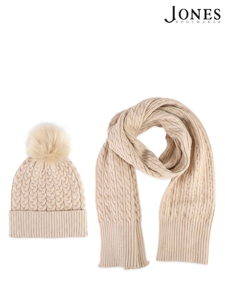 Sand - Jones Bootmaker Valkyrie Soft Knitted Pom Hat & Scarf Set