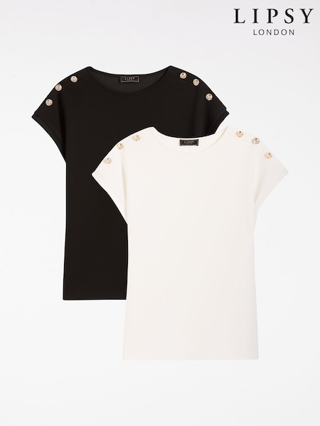 Black/White - Lipsy Military Button Detail Round Neck T-shirts 2 Pack