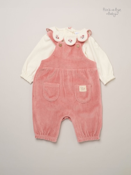 Pink - Rock-a-bye Baby Boutique Bodysuit Embroidered Collar And Velour Dungarees Set