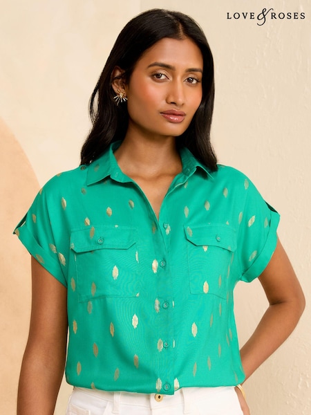 Love & Roses Green Foil Roll Sleeve Utility Shirt (655216) | €20