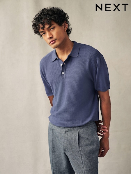 Mid Blue Knitted Bubble Textured Regular Fit Polo Shirt (655245) | €5
