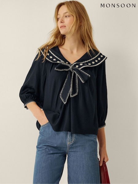 Blue - Monsoon Lila Embroidered Sailor Collar Top